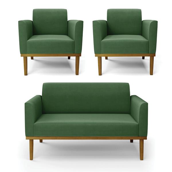 Imagem de Conjunto 2 Poltronas e 1 Namoradeira Decorativa Isabella Pés Fixo em Madeira Castanho Suede Verde G19 - Gran Belo