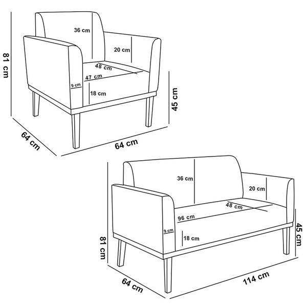 Imagem de Conjunto 2 Poltronas e 1 Namoradeira Decorativa Isabella Pés Fixo em Madeira Preto PU Branco G19 - Gran Belo