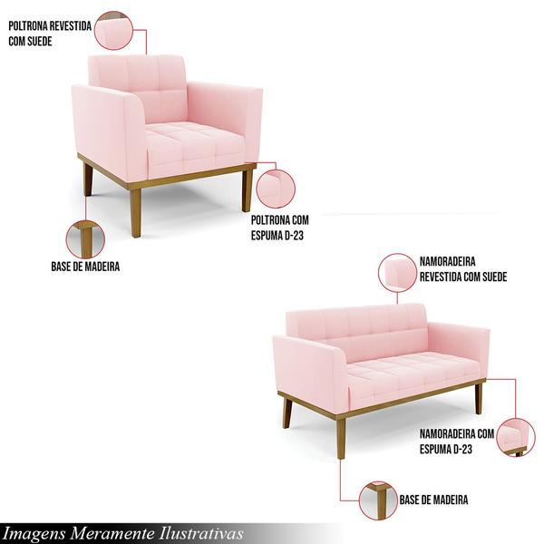 Imagem de Conjunto 2 Poltronas e 1 Namoradeira Decorativa Karen Pés Fixo em Madeira Castanho Suede Rosa Bebê G19 - Gran Belo