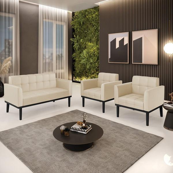 Imagem de Conjunto 2 Poltronas e 1 Namoradeira Decorativa Karen Pés Fixo em Madeira Preto PU Bege G19 - Gran Belo