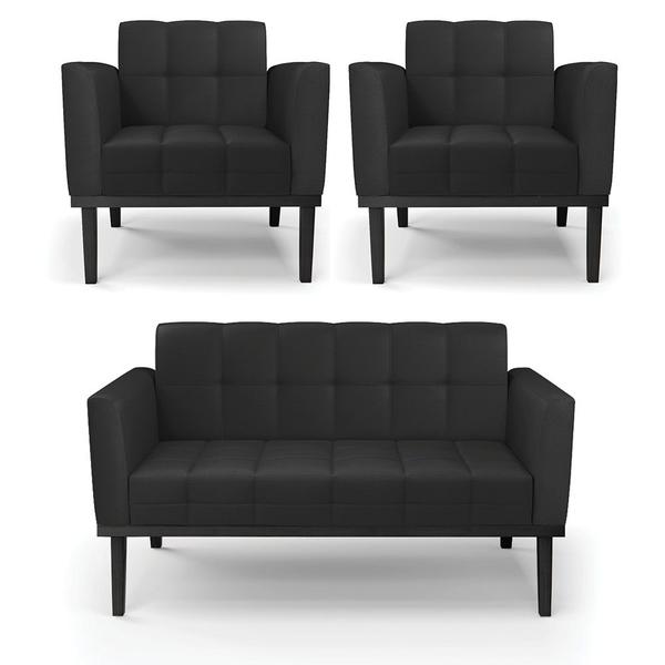 Imagem de Conjunto 2 Poltronas e 1 Namoradeira Decorativa Karen Pés Fixo em Madeira Preto PU Preto G19 - Gran Belo