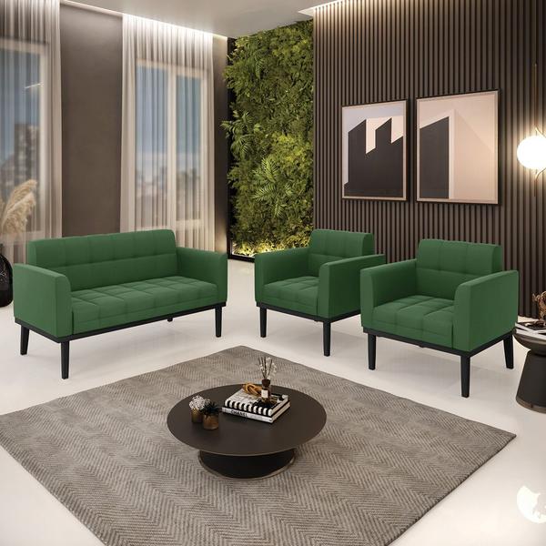 Imagem de Conjunto 2 Poltronas e 1 Namoradeira Decorativa Karen Pés Fixo em Madeira Preto Suede Verde G19 - Gran Belo