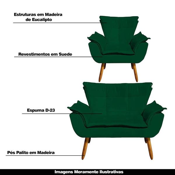 Imagem de Conjunto 2 Poltronas e 1 Namoradeira Pés Palito Charger Suede Verde G19 - Gran Belo