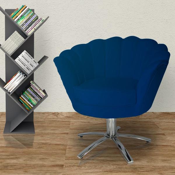 Imagem de Conjunto 2 Poltronas Estofada Com Base Giratória de Metal Pétala Veludo Azul Marinho - DL Decor