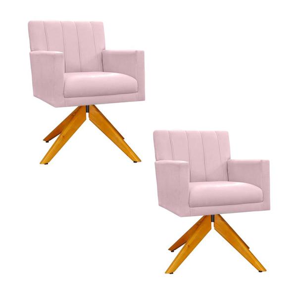 Imagem de Conjunto 2 Poltronas Estofadas Base Giratória De Madeira Cecília Suede Rosa Bebe - DL DECOR