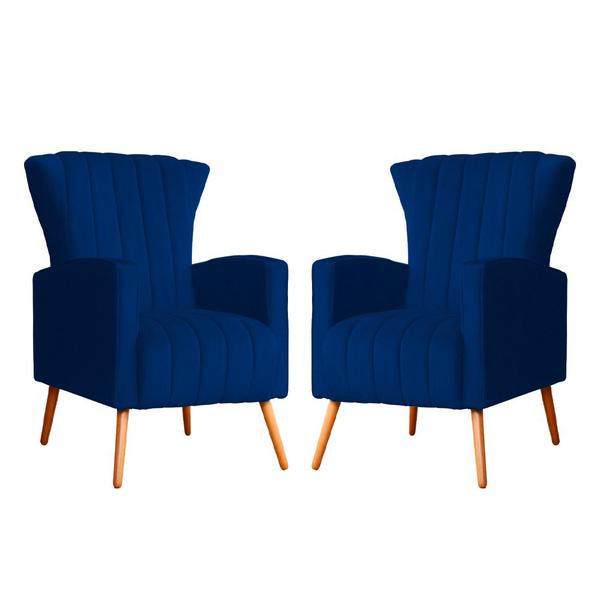 Imagem de Conjunto 2 Poltronas Estofadas Melinda Com Pés Palito Suede Azul Marinho - DL DECOR