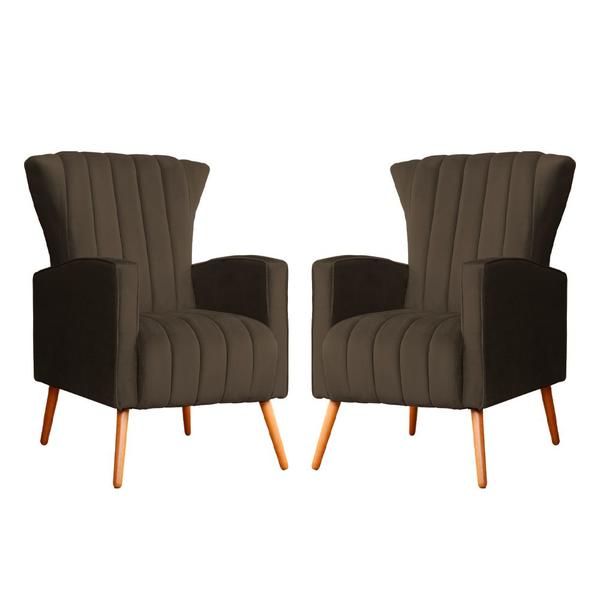 Imagem de Conjunto 2 Poltronas Estofadas Melinda Com Pés Palito Veludo Marrom - DL DECOR