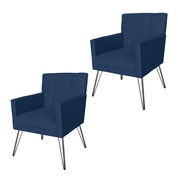 Imagem de Conjunto 2 Poltronas Estofadas Para Clínica Pés de Ferro Onix Suede Azul Marinho - LM DECOR