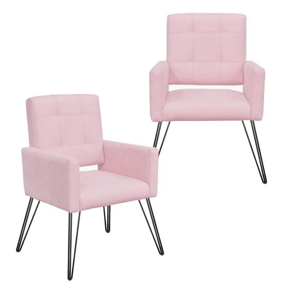 Imagem de Conjunto 2 Poltronas Estofadas Para Consultório Pés de Ferro Camila Suede Rosa Bebe - DL Decor