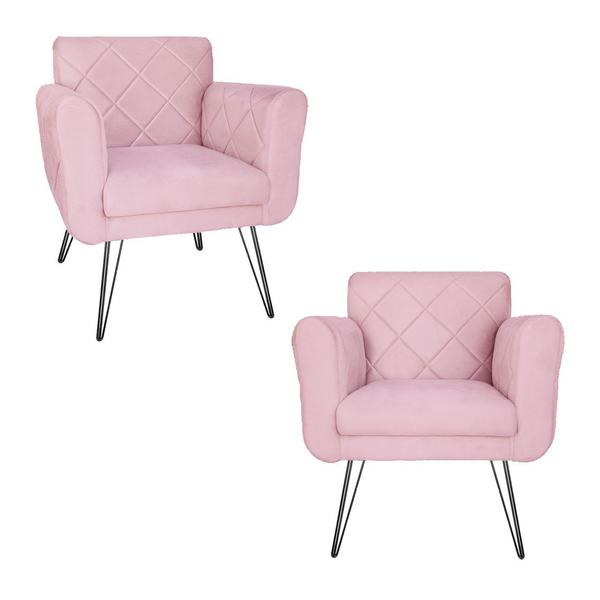 Imagem de Conjunto 2 Poltronas Estofadas Para Consultório Pés de Ferro Isabella Suede Rosa Bebe - DL Decor