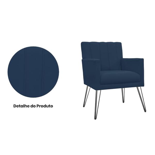 Imagem de Conjunto 2 Poltronas Estofadas Para Recepção Pés de Ferro Cecília Suede Azul Marinho - LM DECOR