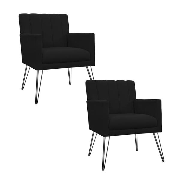 Imagem de Conjunto 2 Poltronas Estofadas Para Recepção Pés de Ferro Cecília Suede Preto - INCASA DECOR