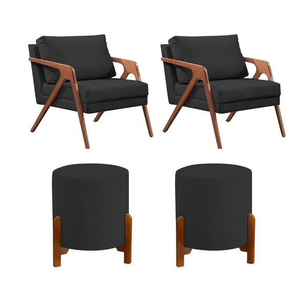 Imagem de Conjunto 2 Poltronas Mona Decorativa e 2 Puff Thor Estofado Base Madeira Maciça Veludo Preto