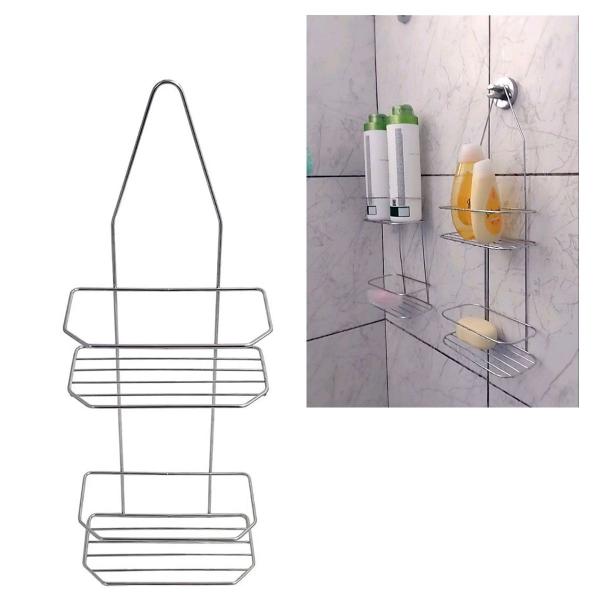 Imagem de Conjunto 2 Suportes para Banheiro Porta Shampoo Condicionador Duplo em Aço Cromado Passerini