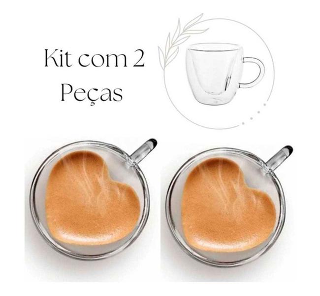 Imagem de Conjunto 2 Xícaras Café Coração Dupla Parede De Vidro 80ml