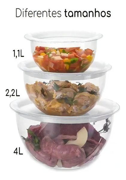 Conjunto 3 Bowl Acrílico C/ Tampa Hermético 1,1 / 2,2 / 4 L - Injeplastec Imagem de Conjunto 3 Bowl Acrílico C/ Tampa Hermético 1,1 / 2,2 / 4 L