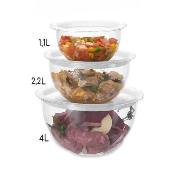 Conjunto 3 Bowl Grande Saladeiro com tampa Tigela Hermetico Acrilico - Injeplastec Imagem de Conjunto 3 Bowl Grande Saladeiro com tampa Tigela Hermetico Acrilico
