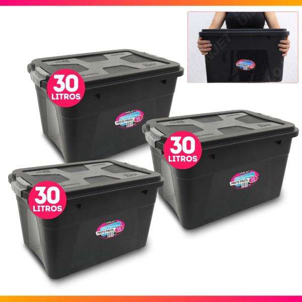 Conjunto 3 Caixas Organizadoras 30 Litros Média-Grande Com Trava Prateada - Uninjet Imagem de Conjunto 3 Caixas Organizadoras 30 Litros Média-Grande Com Trava Prateada - Uninjet