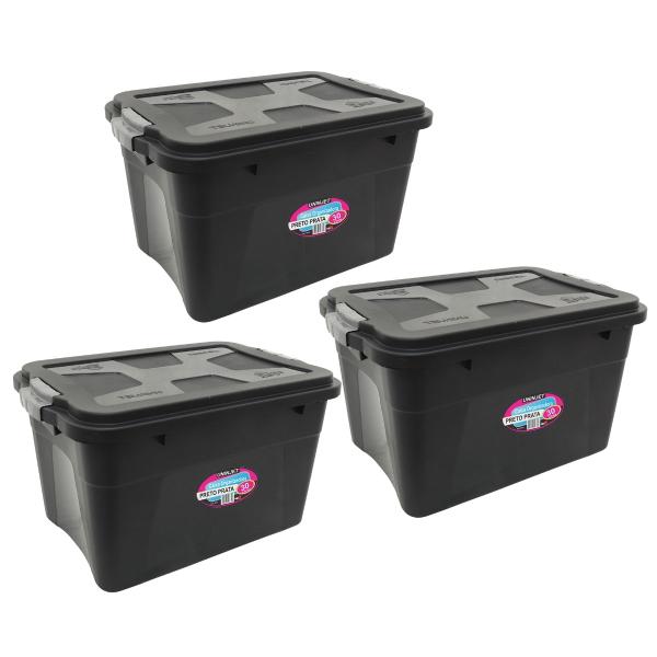 Conjunto 3 Caixas Organizadoras 30 Litros Média-Grande Com Trava Prateada - Uninjet Imagem de Conjunto 3 Caixas Organizadoras 30 Litros Média-Grande Com Trava Prateada - Uninjet