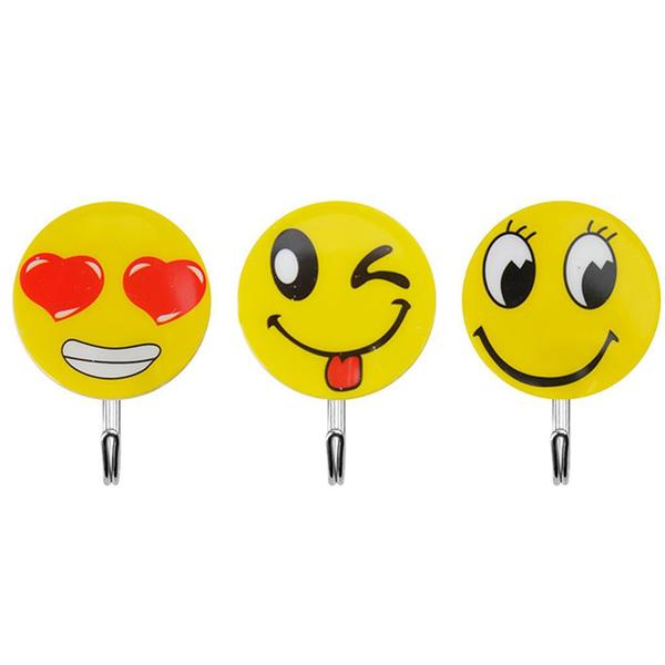 Imagem de Conjunto 3 Ganchos Adesivos Decorado Penduradores Auto Fixação Emoji Smile Face