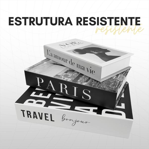 Imagem de Conjunto 3 Livros Falsos Decorativos Porta Objetos Fake Travel Bonjour