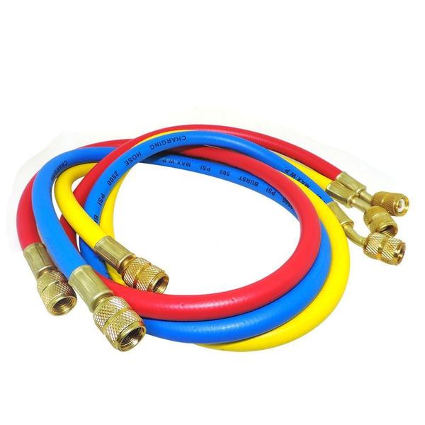 Imagem de Conjunto 3 Mangueiras Manifold 90cm Gás MP39 R401 R134 R404 R12 R22 Reforçada