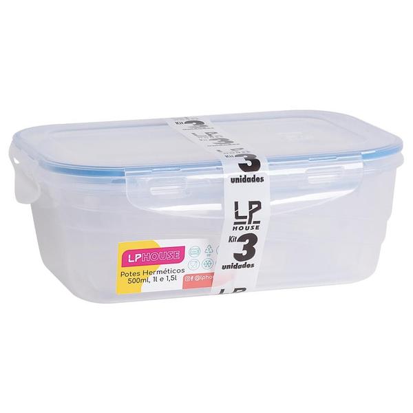 Conjunto 3 Marmitas para Freezer e Micro-ondas Potes Plástico Trava e Alta Vedação 500 ML/1L/1,5L - LP House Imagem de Conjunto 3 Marmitas para Freezer e Micro-ondas Potes Plástico Trava e Alta Vedação 500 ML/1L/1,5L