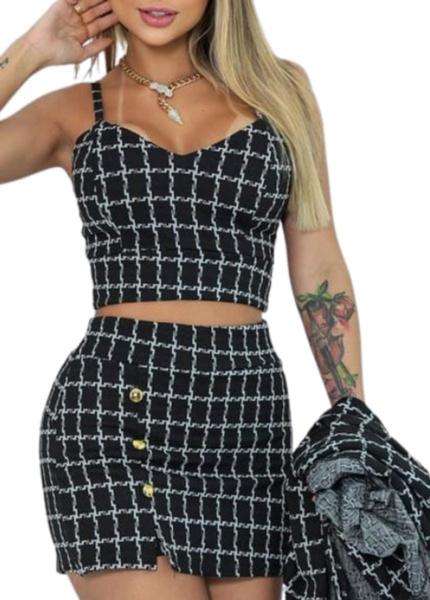 xadrez preto conjunto saia e blazer xadrez