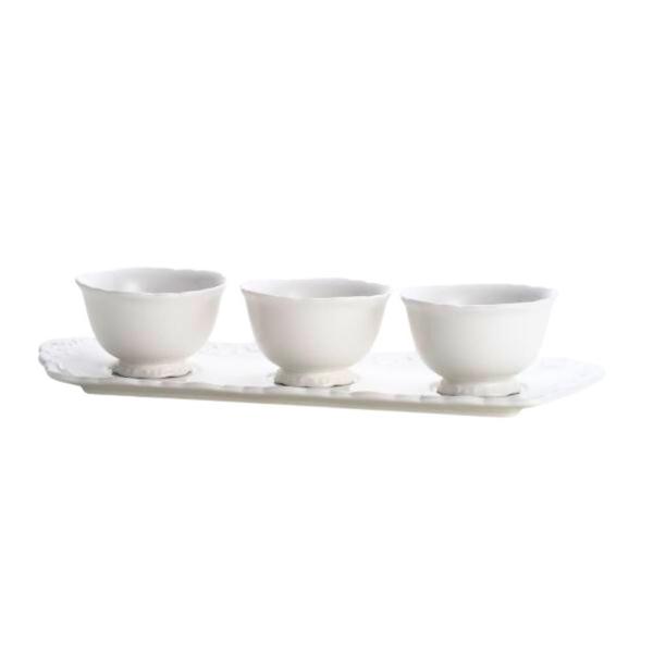 Imagem de CONJUNTO 3 PETISQUEIRAS PORCELANA BRANCA COM BANDEJA ALTO RELEVO DURABLE (33x13cm)