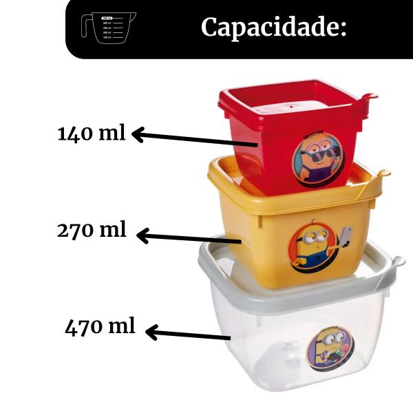 Imagem de Conjunto 3 Pote Quadrados Conect Meu Malvado Favorito Minions Bpa Free Plasútil