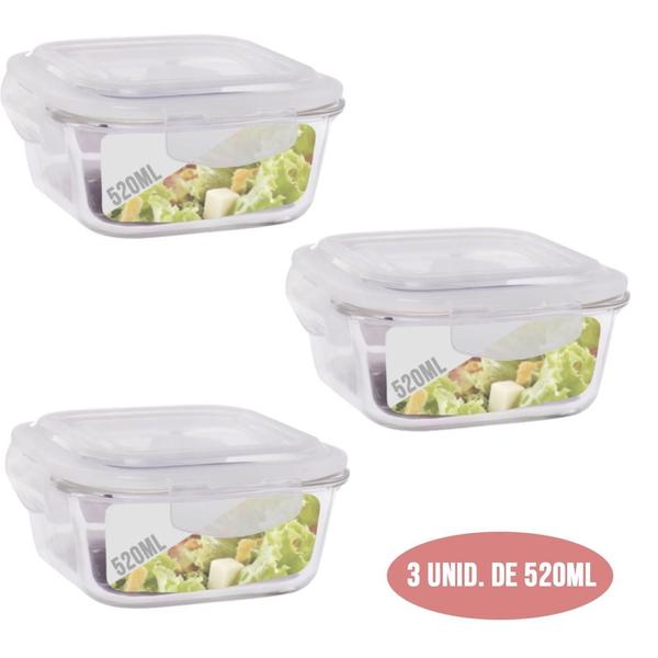 Conjunto 3 Potes 520ml Hermético Vidro Tampa Mantimentos - Quality House / Univendas Imagem de Conjunto 3 Potes 520ml Hermético Vidro Tampa Mantimentos
