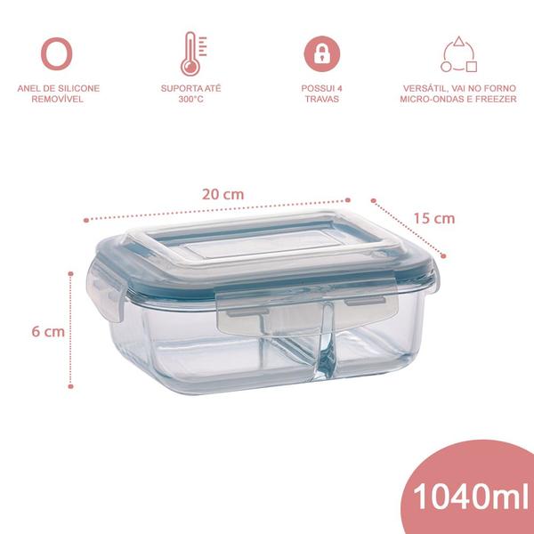 Conjunto 3 Potes c/ Divisória Vidro Hermético 1040 ml - PRATICASA Imagem de Conjunto 3 Potes c/ Divisória Vidro Hermético 1040 ml