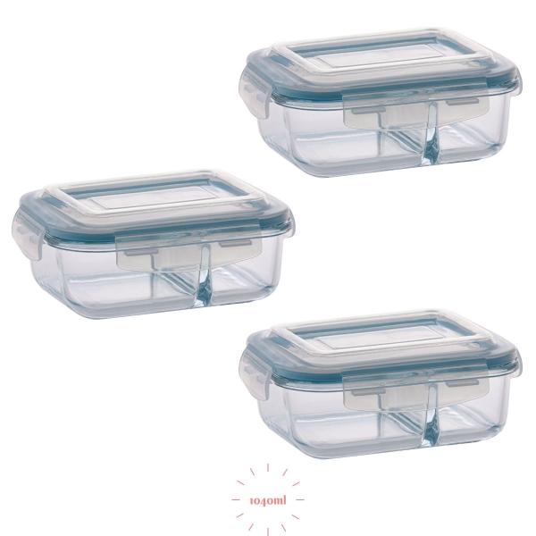 Conjunto 3 Potes c/ Divisória Vidro Hermético 1040 ml - PRATICASA Imagem de Conjunto 3 Potes c/ Divisória Vidro Hermético 1040 ml