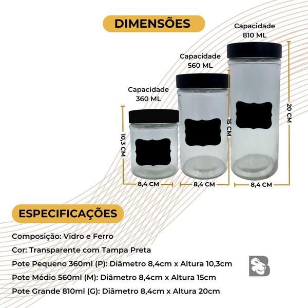 Imagem de Conjunto 3 Potes de Vidro Com Tampa E Adesivo Lousa para Escrever Nome dos Alimentos Organizador