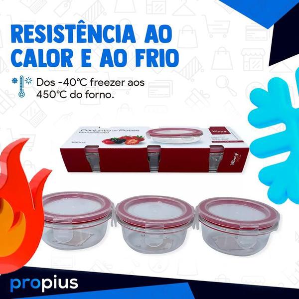 Imagem de Conjunto 3 Potes De Vidro Com Tampa Hermetica 150ml Marmita Conserva Colocar Cozinha Resistente Microondas Jogo