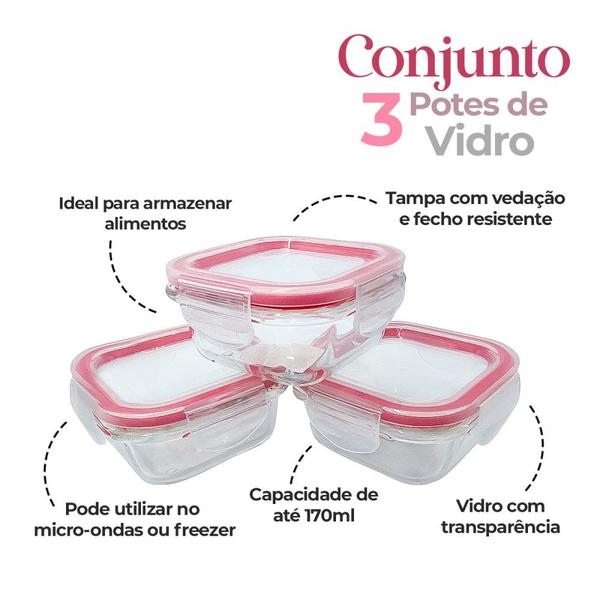 Imagem de Conjunto 3 Potes De Vidro Com Tampa Hermética 170ml Quadrado