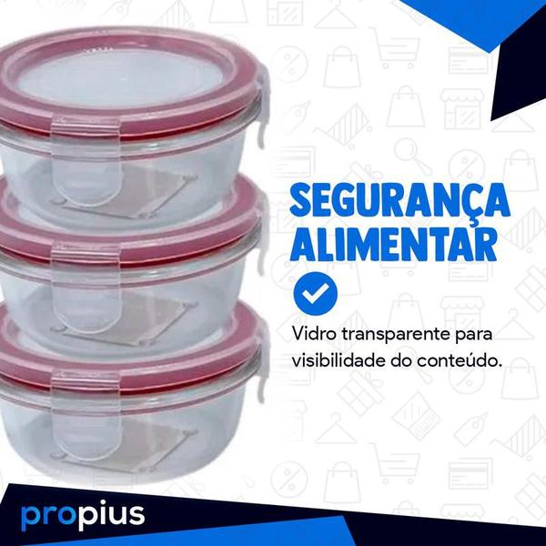 Imagem de Conjunto 3 Potes De Vidro Com Tampa Hermetica Marmita Conserva Alimentos Resistente Ecológico Utilizar Microondas Kit