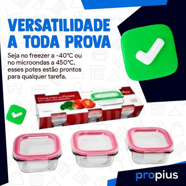 Imagem de Conjunto 3 Potes De Vidro Com Tampa Hermetica Redondo Presente Conserva Alimentos Cozinha Resistente Vedação Kit