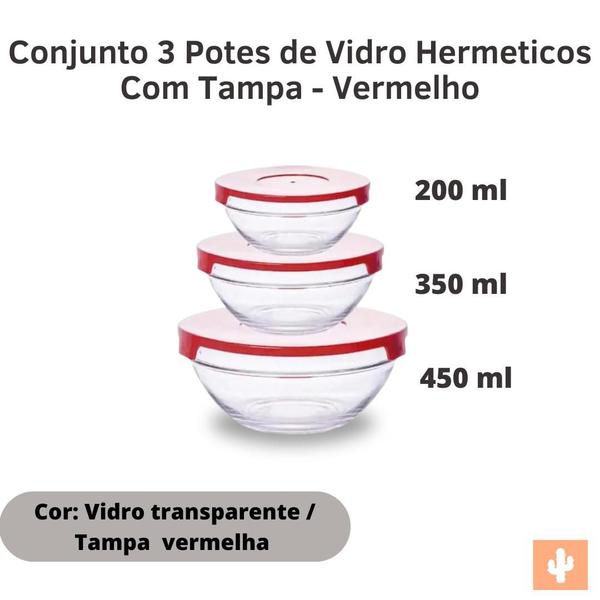 Imagem de Conjunto 3 Potes de Vidro Hermeticos Com Tampa - Vermelho