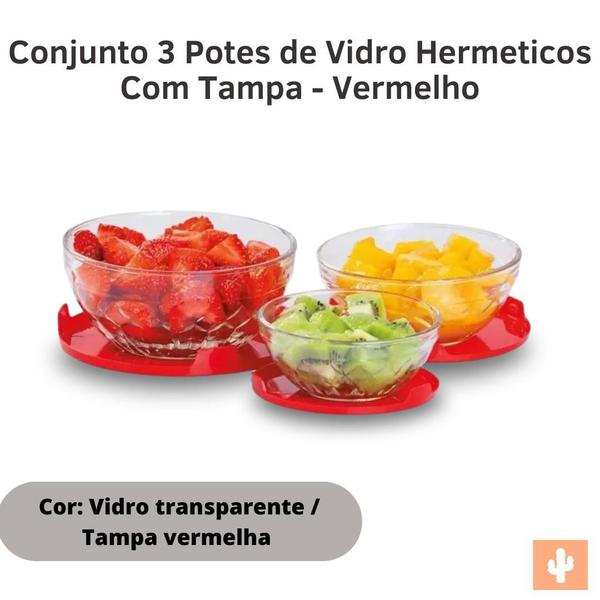 Imagem de Conjunto 3 Potes de Vidro Hermeticos Com Tampa - Vermelho