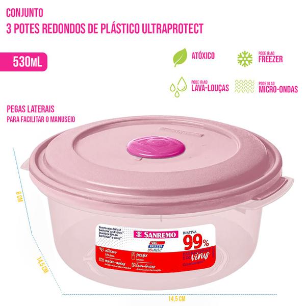 Imagem de Conjunto 3 potes Plástico UltraProtect 530ml seguro Praticidade vedação completa freezer lava-louças Micro-ondas Livre de BPA