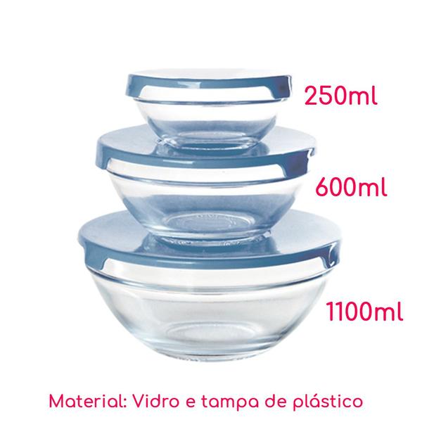 Imagem de Conjunto 3 Potes Tigela Vidro Tampa Azul Class Home