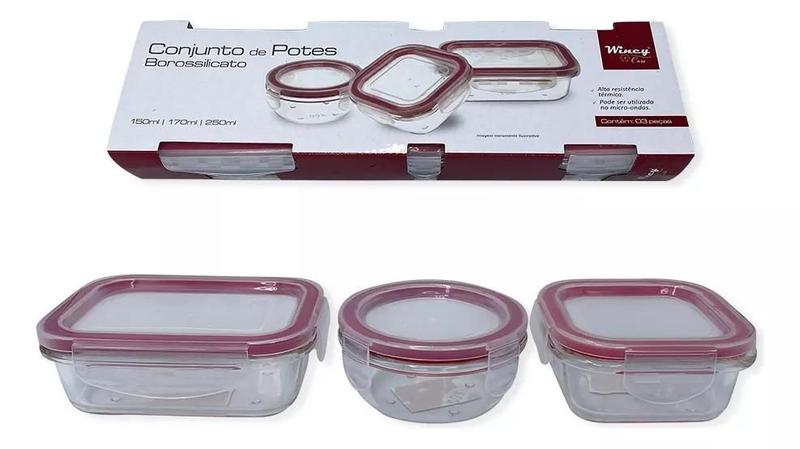 Imagem de Conjunto 3 Potes Vidro Com Tampa Hermética 150ml/170ml/250ml