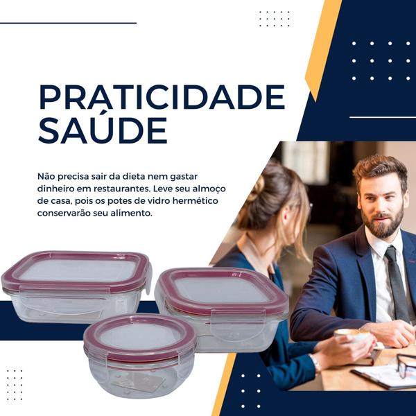 Imagem de Conjunto 3 Potes Vidro Tampa Hermética organização resistente 150ml/170ml/250ml freezer microondas