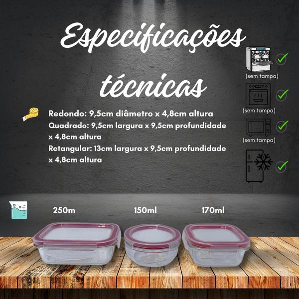 Imagem de Conjunto 3 Potes Vidro Tampa Hermética organização resistente 150ml/170ml/250ml freezer microondas