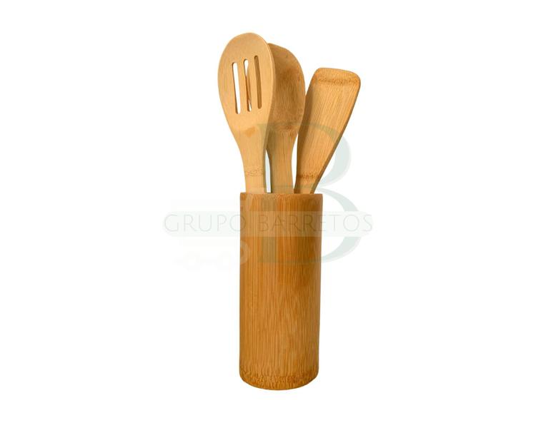 Imagem de Conjunto 3 Utensílios Para Cozinha Colher, Espátula, Colher vazada  e Suporte em Bambu 