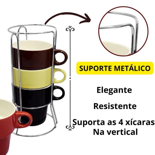 Imagem de Conjunto 4 Canecas 210ml De Cerâmica Cafe C/ Suporte Gourmet