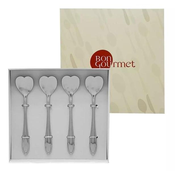 Conjunto 4 colheres coração aco inox p/cha heart prateado - Bon Gourmet Imagem de Conjunto 4 colheres coração aco inox p/cha heart prateado