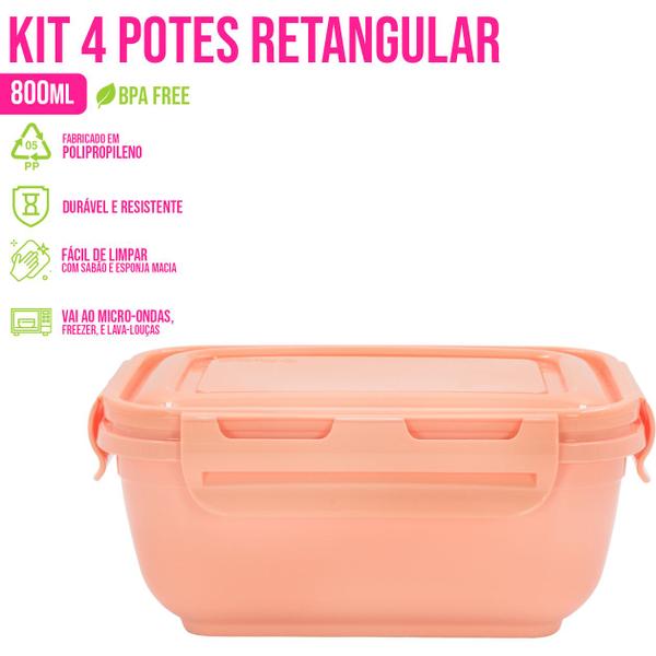 Imagem de Conjunto 4 Potes 800ml C/ Tampa e Trava Retangular/Quadrado Cozinha Geladeira Micro-ondas Marmita Armazenamento Cozinha Plástico Kit - Rischioto