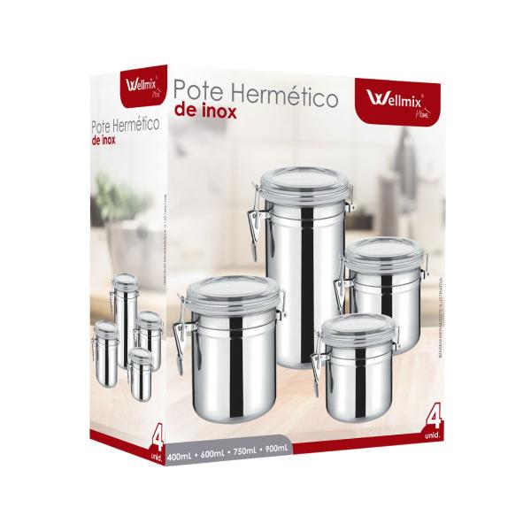 Imagem de Conjunto 4 potes inox hermetico tamanhos diferentes wellmix